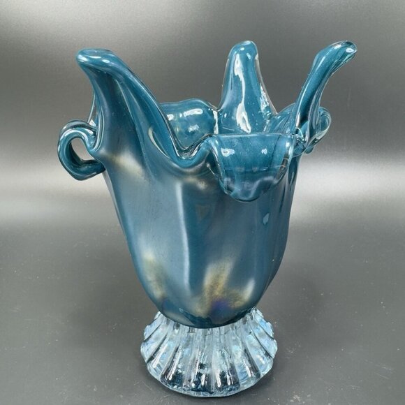 1980s Art Glass Abstract Vase Bowl Centerpiece Teal Blue Iridescent Finish Glass - Picture 12 of 15